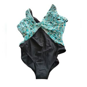 Turquoise Patterned & Black One-Piece Swimsuit